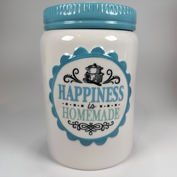 Cracker Barrel Other - Cracker Barrel Cookie Jar 'Happiness is Homemade' Teal & White 8.5 x5.5" Baking
